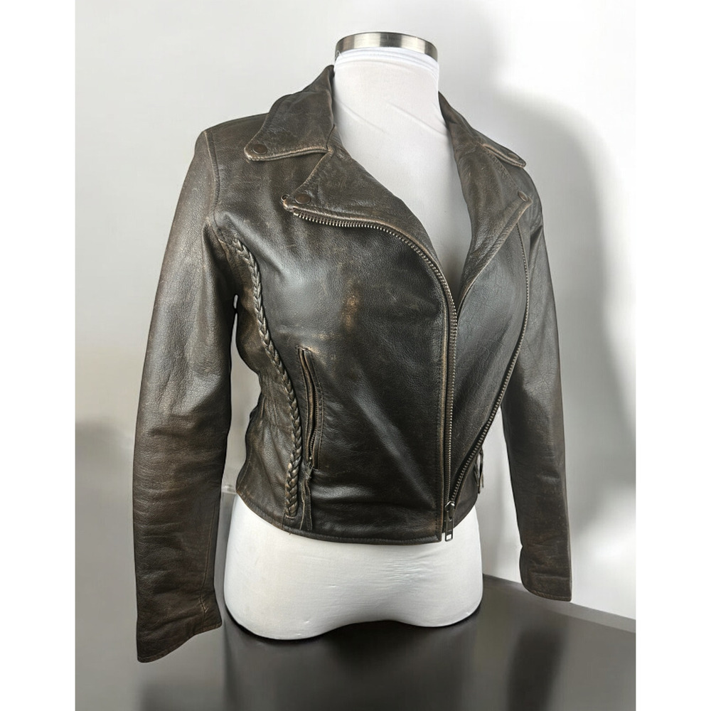 Unik Distressed Brown Leather Braided Moto Motorcycle Jacket Cross Zip Size XS - Picture 16 of 16